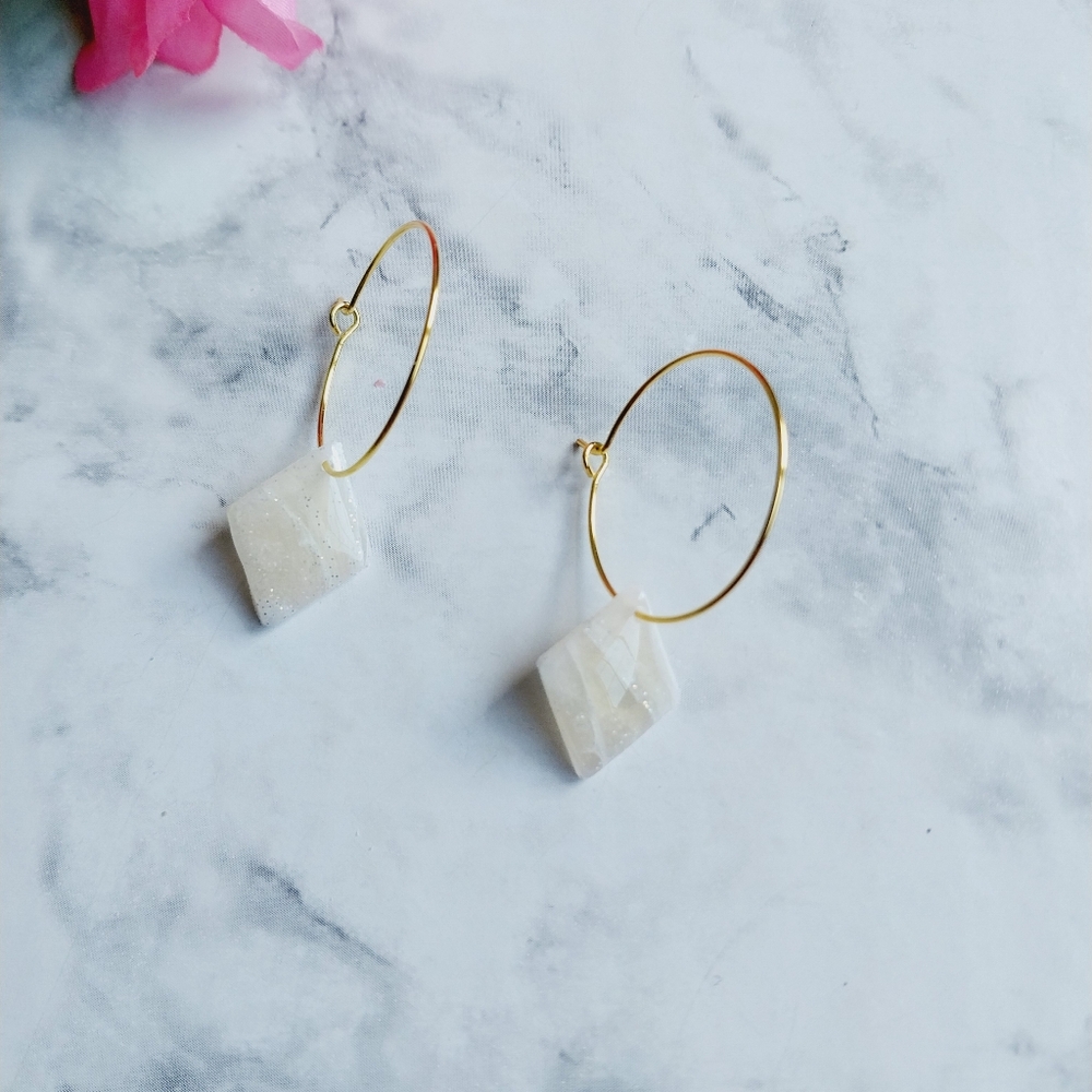 OpalGlaze Clay Sparkly White Translucent Hoops Hand crafted Earrings